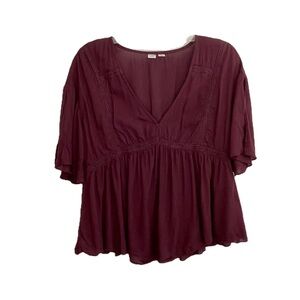 Melrose & Market Burgundy Split Sleeve Blouse XS Boho Flowy V-Neck Empire Waist